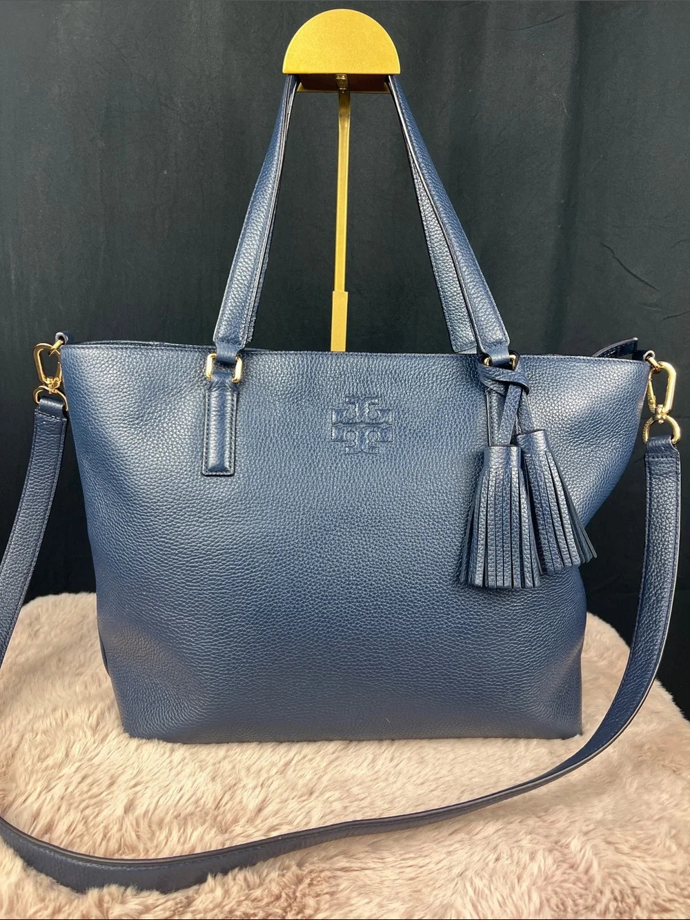 Tory Burch Blake Leather Tote Navy Blue Large Crossbody Tassel w/ COA